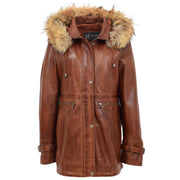 Ladies Genuine Cognac Leather Duffle Coat Removable Hood Parka Jacket Patty
