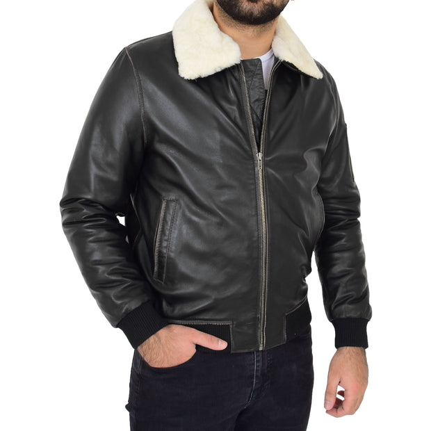 Mens black leather bomber jacket with fur clearance collar