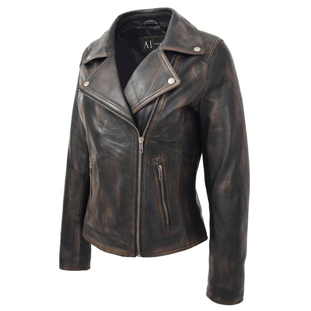 Womens Fitted Real Vintage Rub Off Leather Designer Biker Jacket Myla