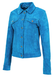 Womens Suede Trucker Jacket Teal Blue Western Denim Biker Style Marisa