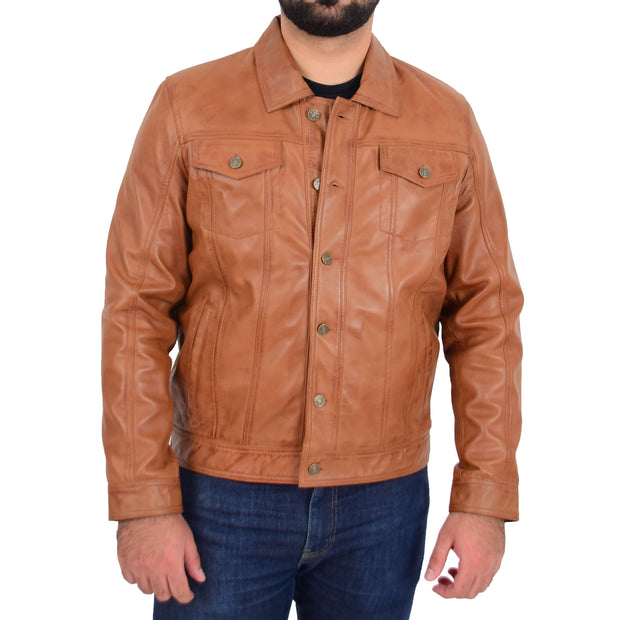 Mens Trucker Soft Leather Jacket Western Denim Style Coat Bond Tan
