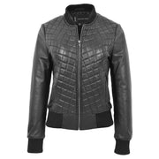Womens Real Leather Bomber Jacket Black Diamond Quilted Fitted Varsity Storm