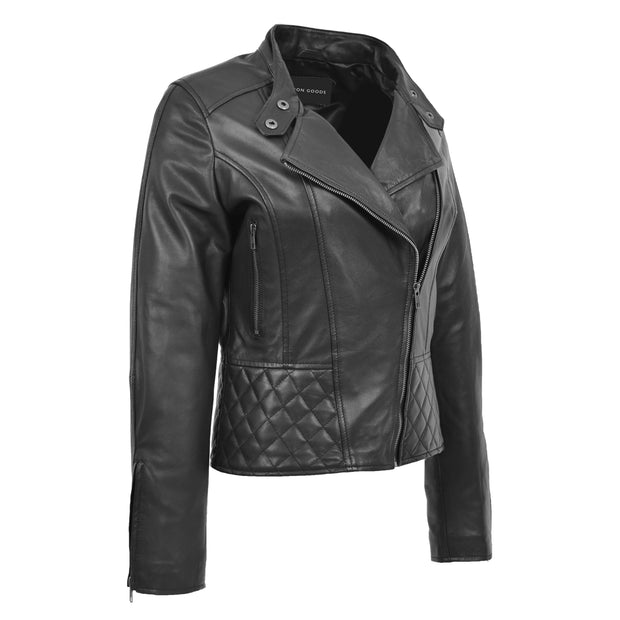 Trendy Black Leather Biker Jacket For Women Quilted Fitted Band Collar Penny
