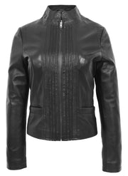 Womens Soft Black Leather Biker Jacket Stand-Up Band Collar Bliss