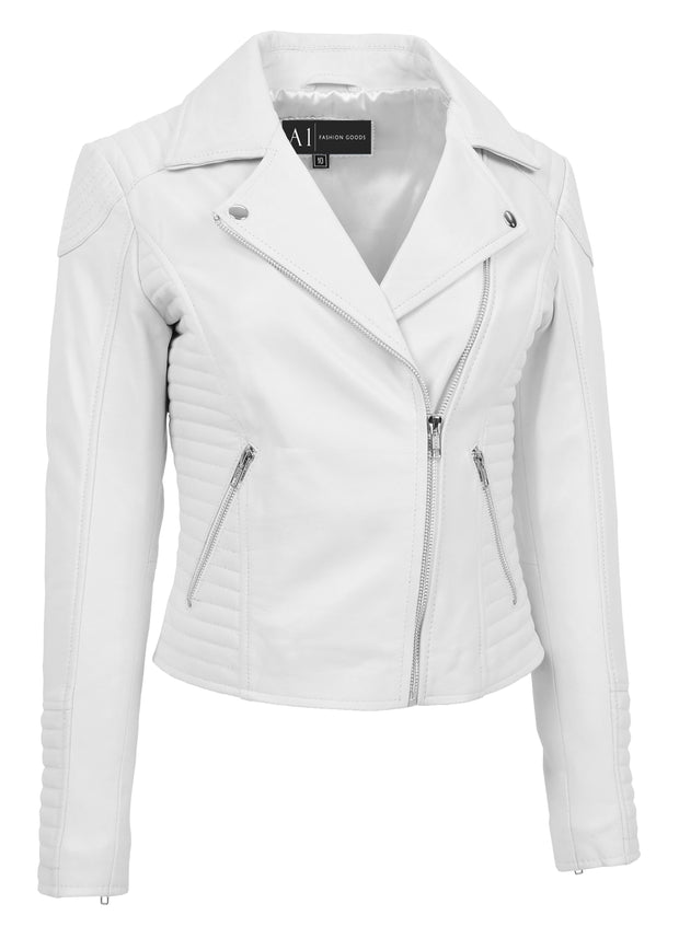 Womens Designer Leather Biker Jacket Fitted Quilted Bonita White-4