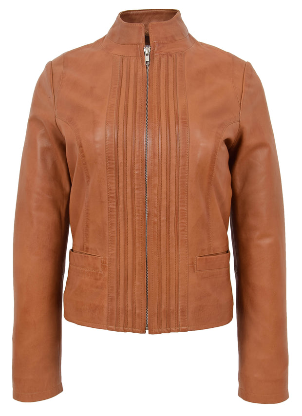 Womens Soft Cognac Leather Biker Jacket Stand-Up Band Collar Bliss
