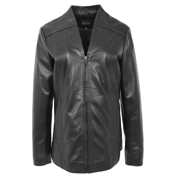 Womens Soft Black Leather Classic V Neckline Collarless Jacket Lolita