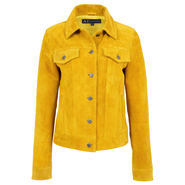 Womens Yellow  Suede Trucker Jacket American Western Denim Biker Style Marisa