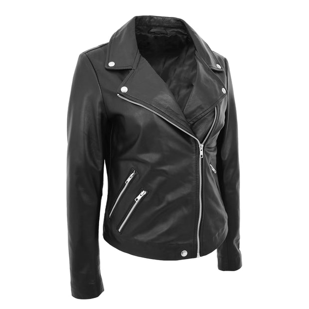 Ladies Real Leather Jacket High Quality Zip Fasten Fitted Biker Style Sadie Black
