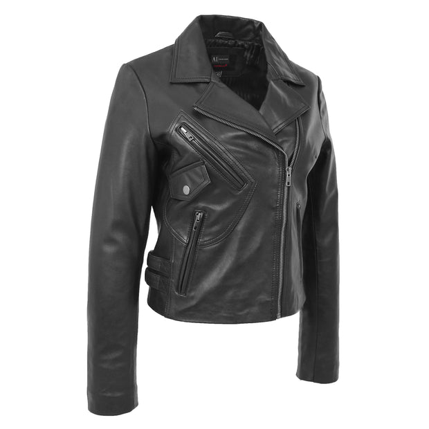 Womens Luxurious Black Leather Biker Jacket Italian Designer Coat Caily