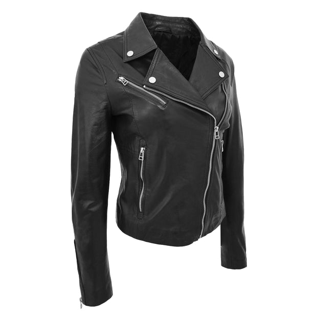 Womens Soft Genuine Leather Biker Jacket Slim Fit Coat Julie Black