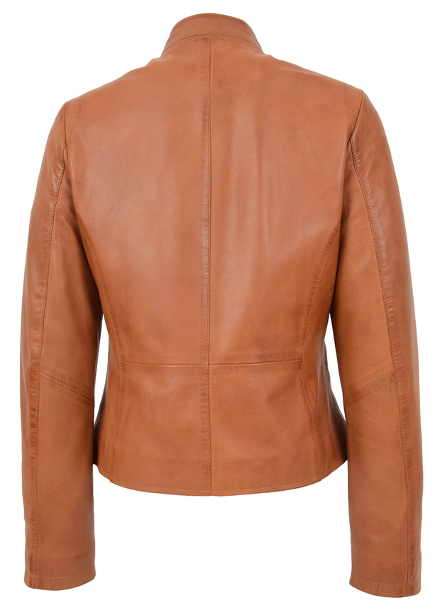 Womens Soft Cognac Leather Biker Jacket Stand-Up Band Collar Bliss 1