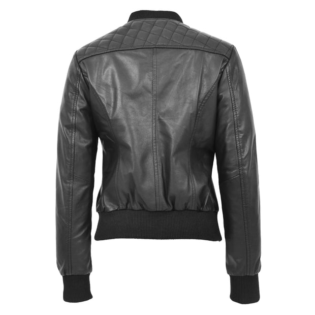Womens Real Leather Bomber Jacket Black Diamond Quilted Fitted Varsity Storm Back