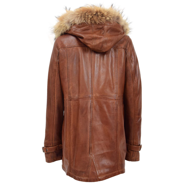Ladies Genuine Cognac Leather Duffle Coat Removable Hood Parka Jacket Patty Back