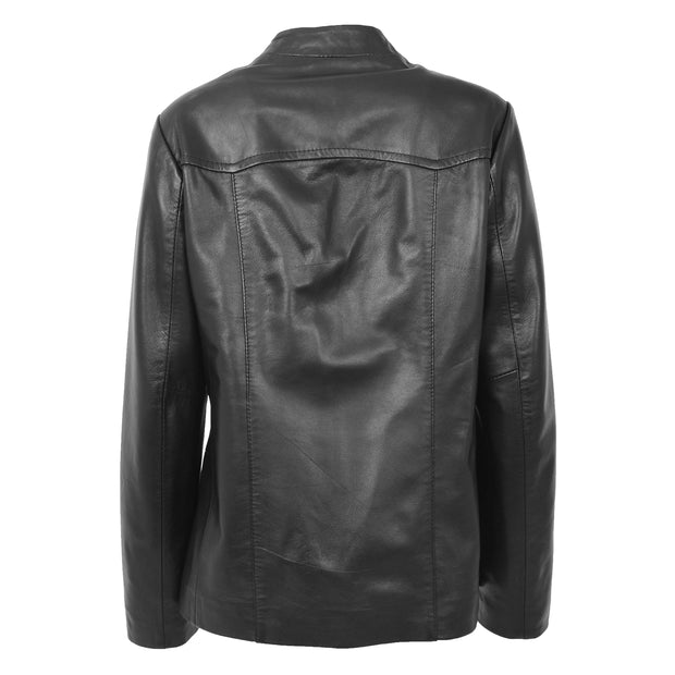 Womens Soft Black Leather Classic V Neckline Collarless Jacket Lolita Back
