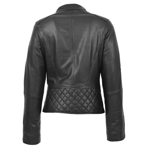 Trendy Black Leather Biker Jacket For Women Quilted Fitted Band Collar Penny Back