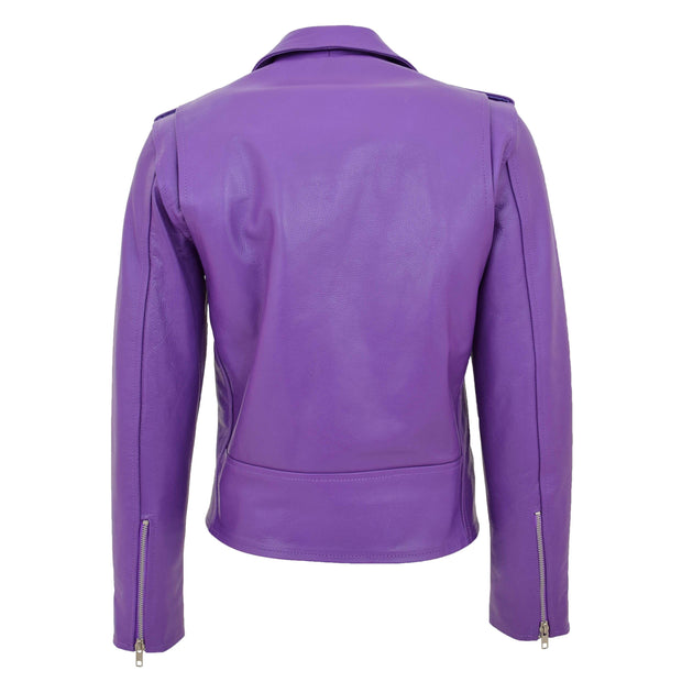 Womens Cowhide Biker Leather Jacket Brando Style Coat Helen Lilac Back