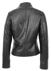 Womens Soft Black Leather Biker Jacket Stand-Up Band Collar Bliss 1