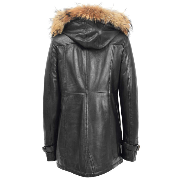 Ladies Genuine Black Leather Duffle Coat Removable Hood Parka Jacket Patty Back