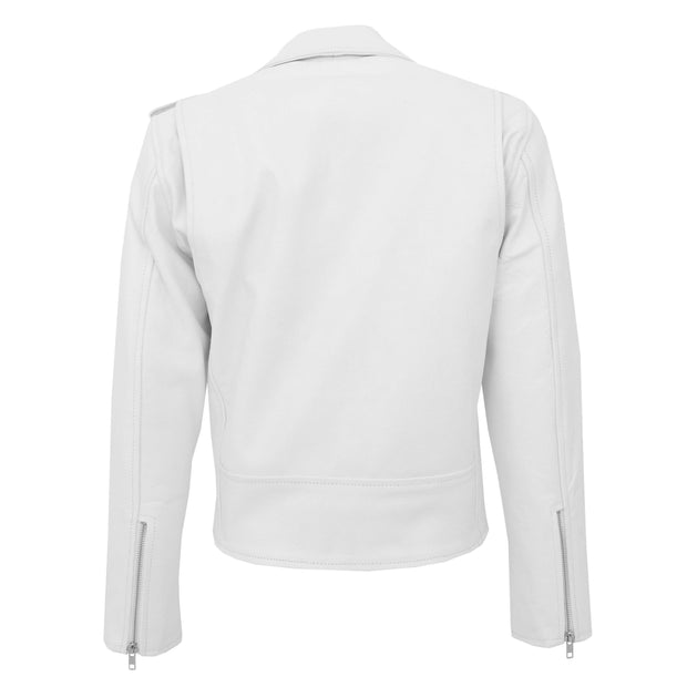 Womens Cowhide Biker Leather Jacket Brando Style Coat Helen White Back