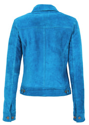 Womens Suede Trucker Jacket Teal Blue Western Denim Biker Style Marisa 1
