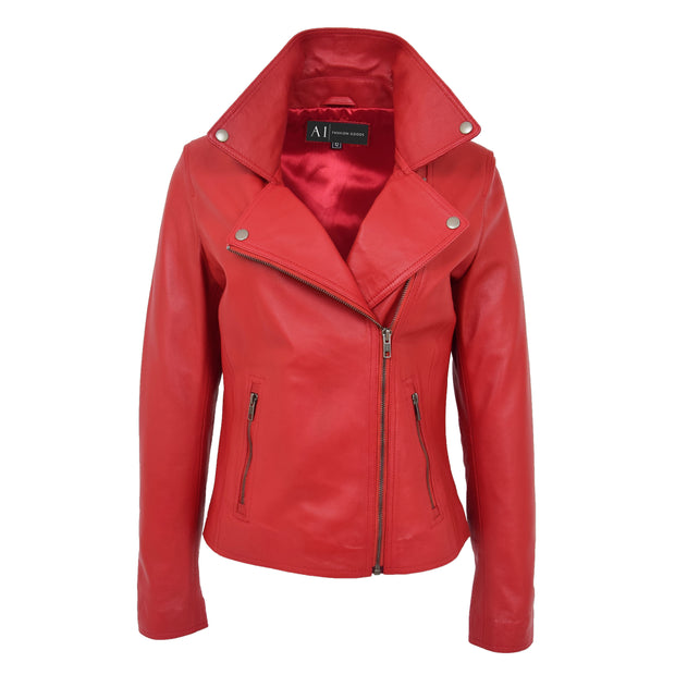 Womens Genuine Leather Biker Jacket Designer Fitted Coat Myla Red Open Neck