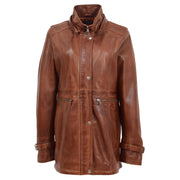 Ladies Genuine Cognac Leather Duffle Coat Removable Hood Parka Jacket Patty Without Hood