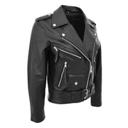Womens Cowhide Biker Leather Jacket Brando Style Coat Helen Black Front Side 1