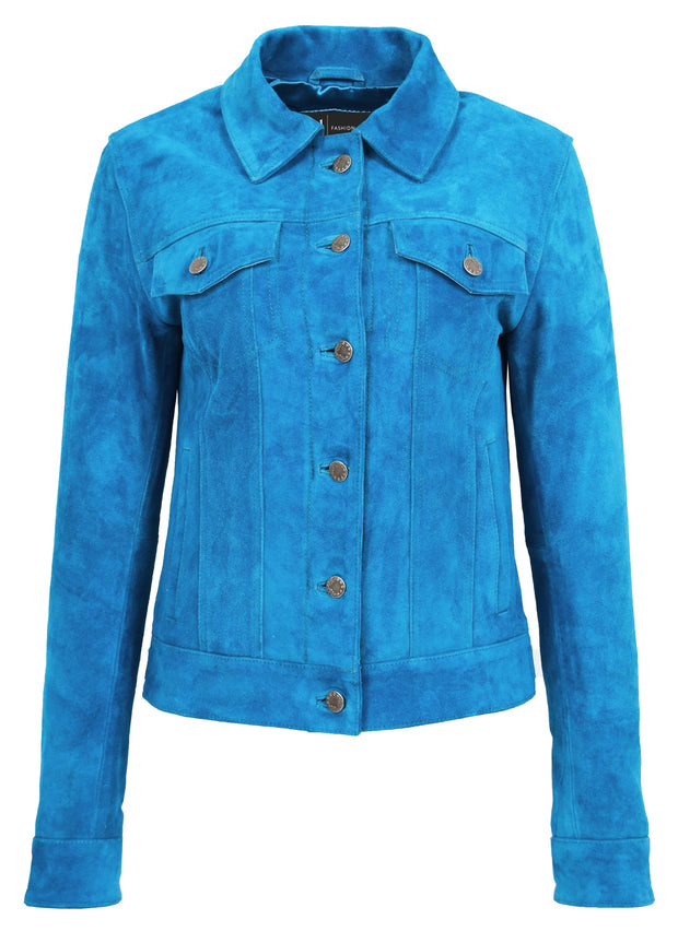 Womens Suede Trucker Jacket Teal Blue Western Denim Biker Style Marisa 2