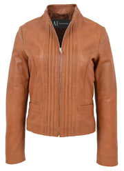 Womens Soft Cognac Leather Biker Jacket Stand-Up Band Collar Bliss 2