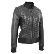 Womens Real Leather Bomber Jacket Black Diamond Quilted Fitted Varsity Storm Front 1