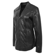 Womens Soft Black Leather Classic V Neckline Collarless Jacket Lolita Front 1