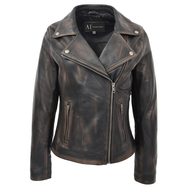 Womens Fitted Real Vintage Rub Off Leather Designer Biker Jacket Myla Front 1