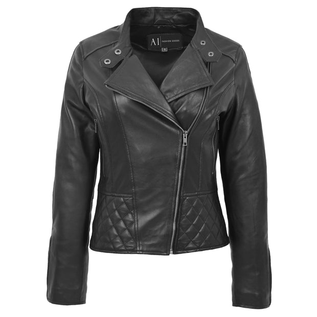 Trendy Black Leather Biker Jacket For Women Quilted Fitted Band Collar Penny Front 1