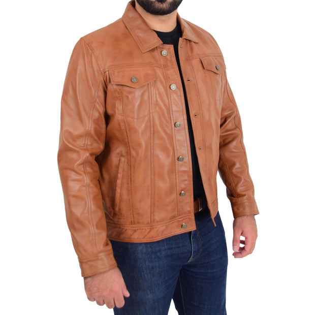 Mens Trucker Soft Leather Jacket Western Denim Style Coat Bond Tan 3