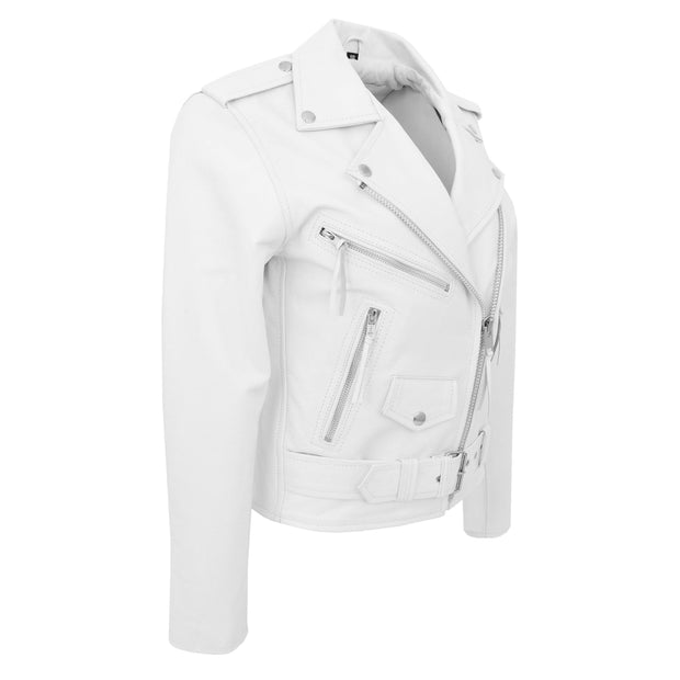 Womens Cowhide Biker Leather Jacket Brando Style Coat Helen White Angle 1