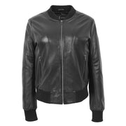 Womens Leather Bomber Jacket Black Zip Fasten Fitted Varsity Joy 1