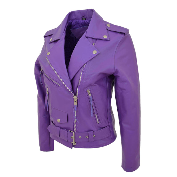 Womens Cowhide Biker Leather Jacket Brando Style Coat Helen Lilac Angle 1