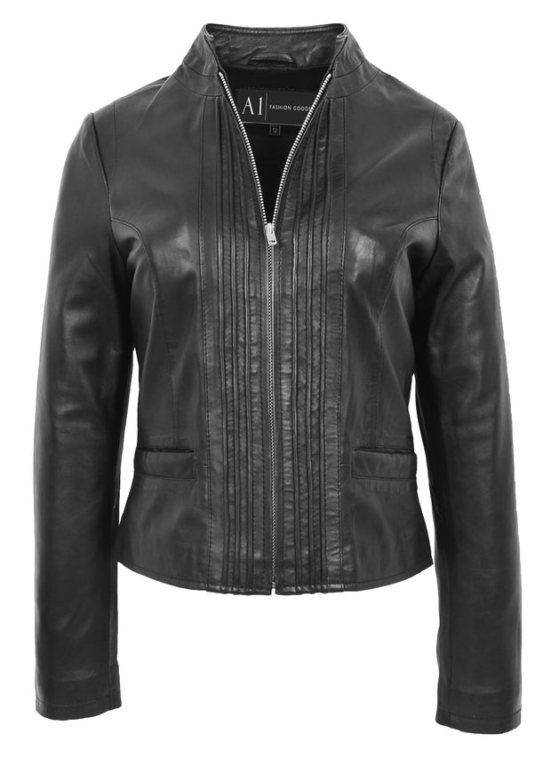Womens Soft Black Leather Biker Jacket Stand-Up Band Collar Bliss 2