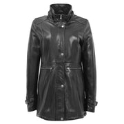 Ladies Genuine Black Leather Duffle Coat Removable Hood Parka Jacket Patty Without Hood