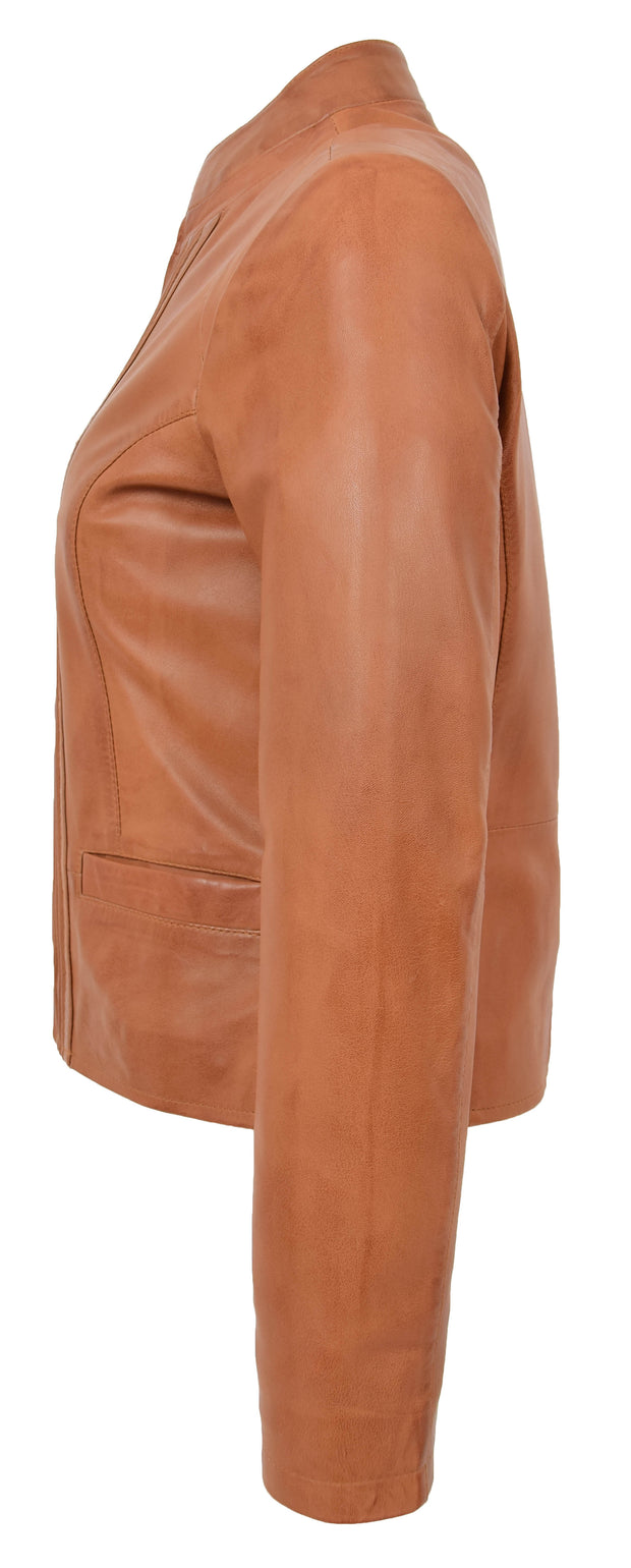 Womens Soft Cognac Leather Biker Jacket Stand-Up Band Collar Bliss 3