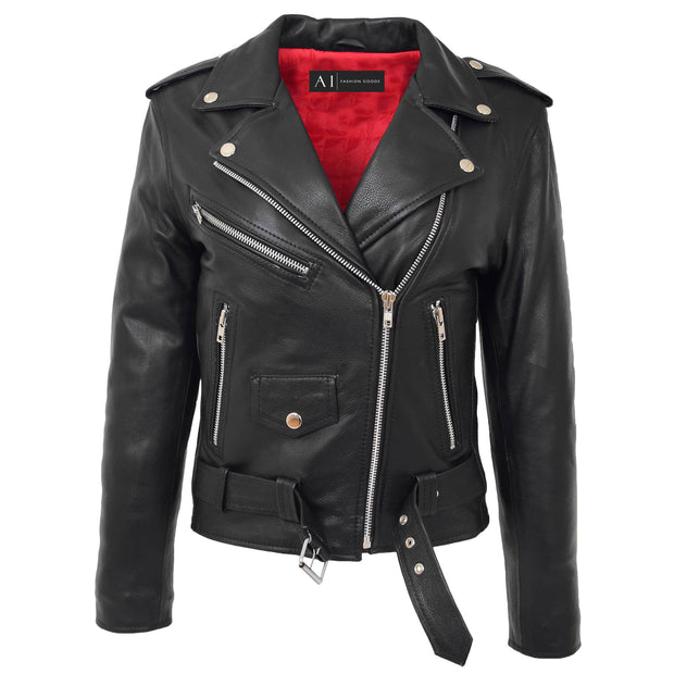 Womens Cowhide Black Biker Jacket Tough Heavy Duty Leather Brando Style Kira Open Belt