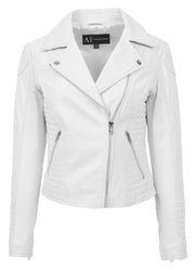 Womens Designer Leather Biker Jacket Fitted Quilted Bonita White