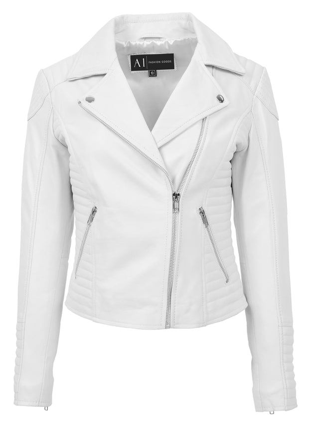 Womens Designer Leather Biker Jacket Fitted Quilted Bonita White