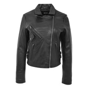 Womens Luxurious Black Leather Biker Jacket Italian Designer Coat Caily Close Neck