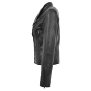 Trendy Black Leather Biker Jacket For Women Quilted Fitted Band Collar Penny Side