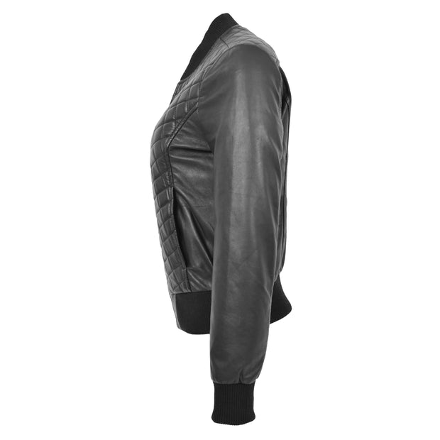 Womens Real Leather Bomber Jacket Black Diamond Quilted Fitted Varsity Storm Side
