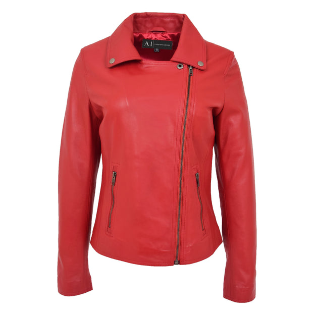 Womens Genuine Leather Biker Jacket Designer Fitted Coat Myla Red Close Neck