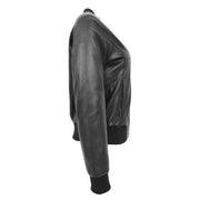 Womens Leather Bomber Jacket Black Zip Fasten Fitted Varsity Joy Side