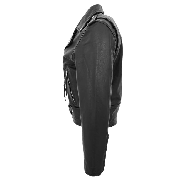 Womens Cowhide Biker Leather Jacket Brando Style Coat Helen Black Side